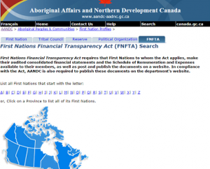 Screenshot of Aboriginal Affairs and Northern Development Canada website